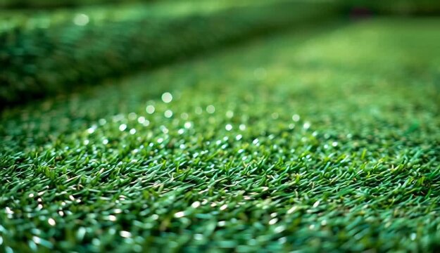 Green artificial turf rolled. Probes examples of artificial turf, floor coverings for playgrounds