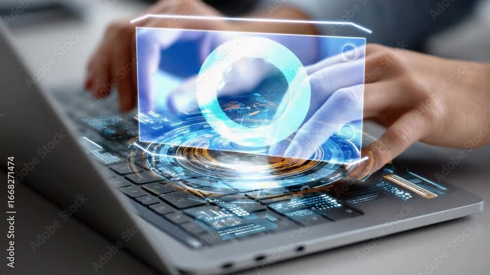 Poster cyber interface interaction: person's hands engaged in futuristic technological interface. the image