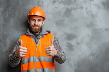 Portrait of confident construction manager in helmet and reflective vest, showing thumbs up, simple solid backdrop