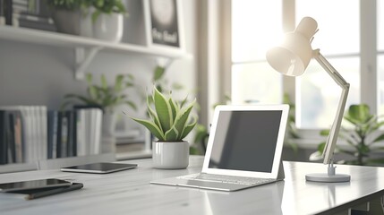 Bright and modern home office setup with laptop, plants, and stylish decor creating a comfortable and inspiring workspace