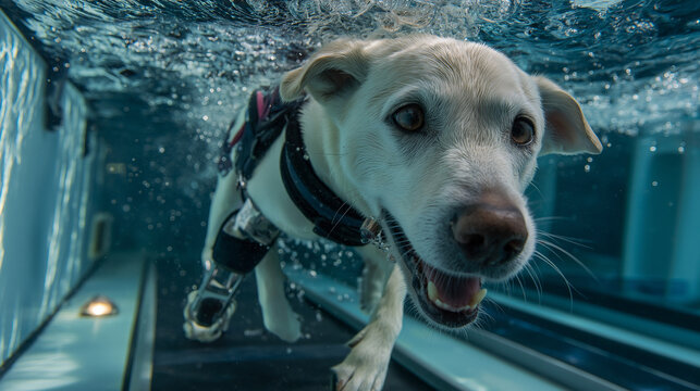 A determined dog wearing leg prosthetics swims on an underwater treadmill as part of its rehabilitation in a vet facility.
