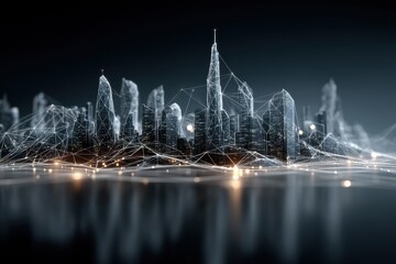 Futuristic urban cityscape with interconnected digital light elements