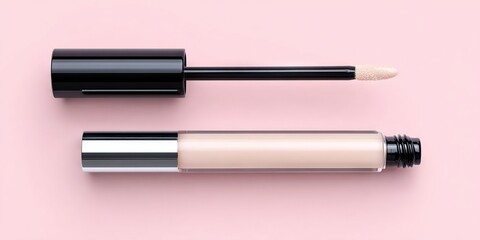 Liquid concealer in a sleek tube with a black applicator, placed on a soft pink background, showcasing beauty product design and elegance for cosmetic enthusiasts
