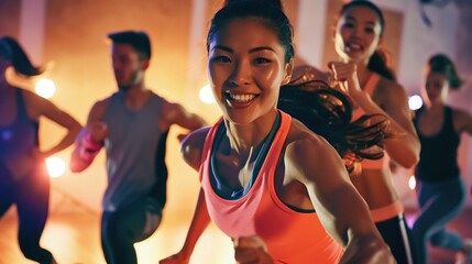 Fototapeta premium Innergize Day. an energetic group fitness class in a bright modern studio, diverse participants doing high-energy workout routines, dynamic movement captured mid-action