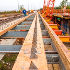 Naklejka premium Close-up view of a wooden support beam with metal spikes, part of a bridge construction project. The beams and metal supports are a mix of light and dark gray, rust colored, and light orange hues.