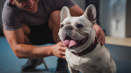 A joyful French bulldog smiles while its owner crouches beside it, creating a moment of warmth and companionship indoors.