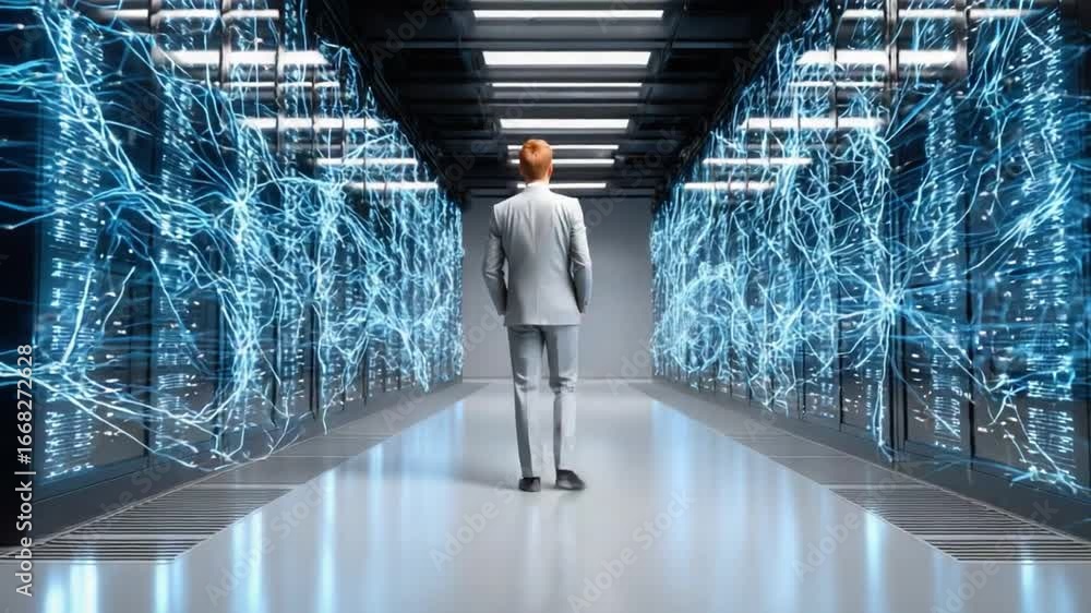 Poster data center in modern technology: a lone figure stands contemplating in a modern data center, surrou