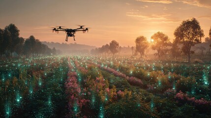 Drone Flying Over Agricultural Field at Sunset, Monitoring Crop Health with Data Visualization, Precision Farming Technology for Sustainable Agriculture