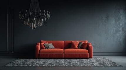 A vibrant orange sofa with pillows under a chandelier against a dark gray wall