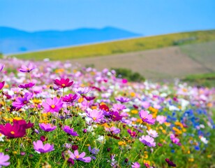 Obraz premium A vibrant field of cosmos flowers in various colors against a backdrop of rolling hills under a clear blue sky.