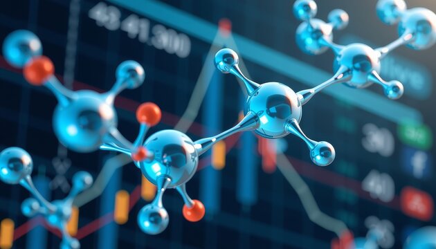 Abstract hydrogen molecules blending with debb science lab 3d visualization high-tech environment close-up view