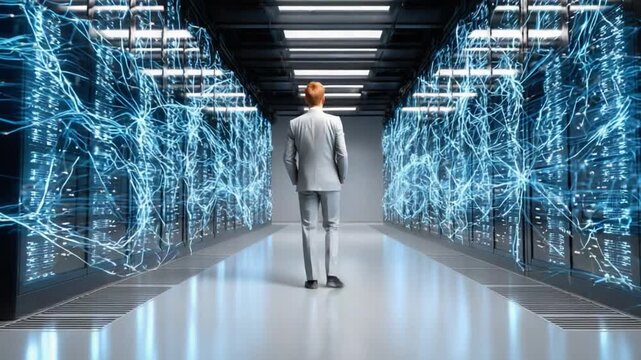 Data Center in Modern Technology: A lone figure stands contemplating in a modern data center, surrounded by racks of servers, symbolizing the power and complexity of today's digital age.