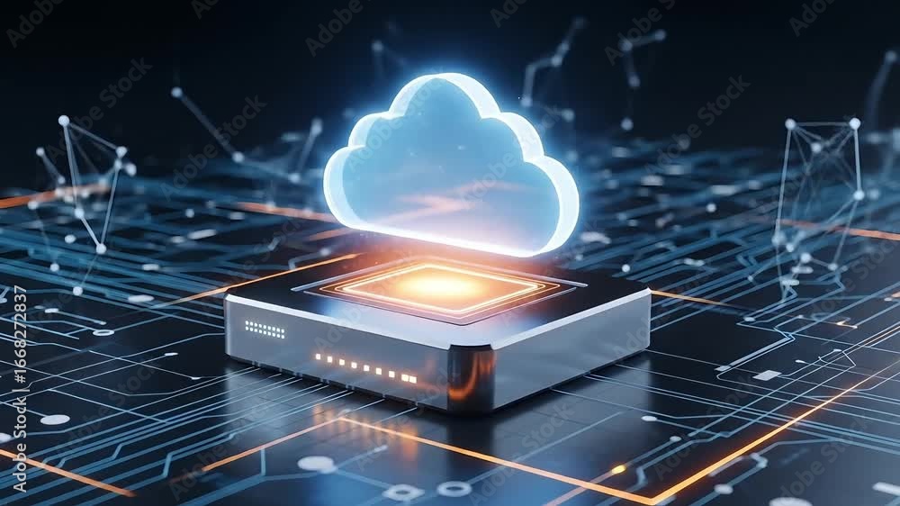 Aufkleber animated cloud computing concept with glowing server on futuristic circuit board
