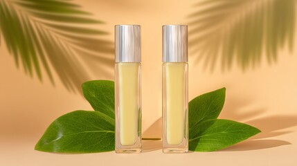 Two elegant glass bottles of cosmetic oil stand on green leaves against a soft peach background, showcasing beauty products with natural elements and a serene atmosphere