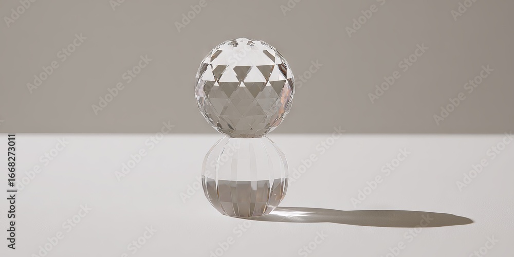 Poster crystal decorative object featuring a spherical top and a rounded base, showcasing intricate facets 