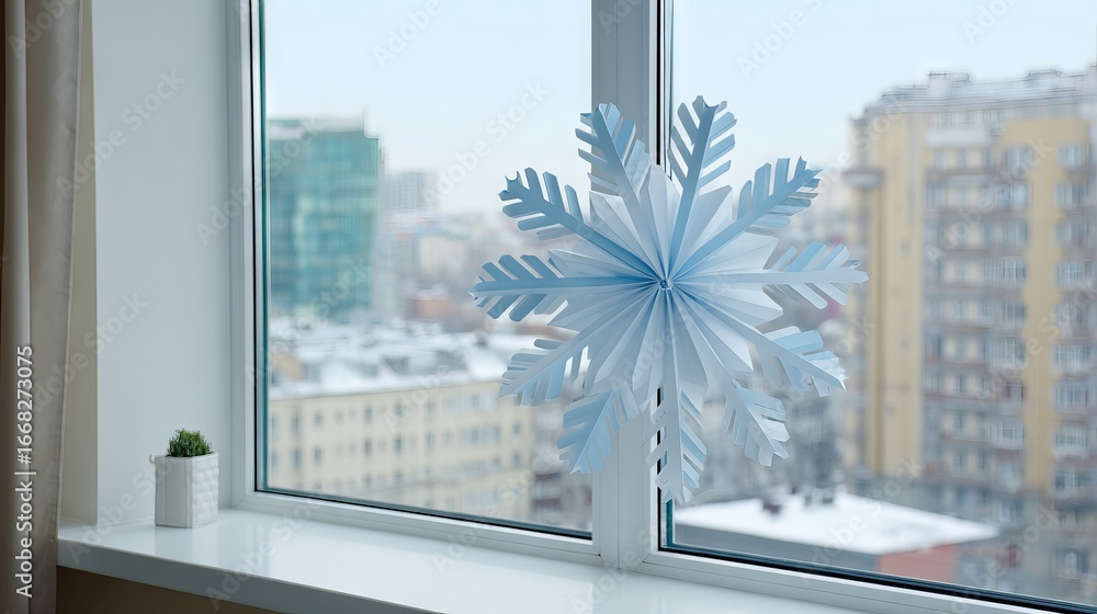 Poster decorative paper snowflake hanging in a window, with a view of a snowy cityscape, creating a cozy wi