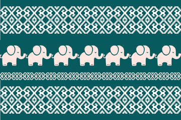 Cute cartoon elephant seamless Christmas pattern with Nordic folk art, red and green festive background, playful holiday textile design for winter decoration and joyful celebration.
