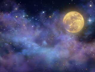 Mystical moonlit night sky with swirling nebula clouds and distant stars digital artwork