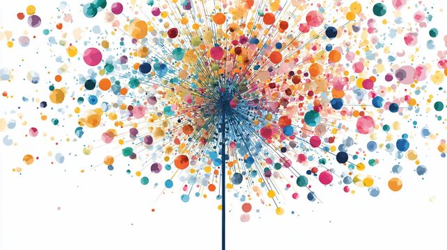 Colorful dot explosion with radial lines against a white backdrop