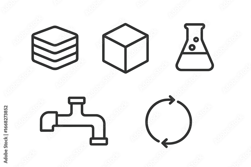 Poster five simple line icons for data storage, cube, laboratory flask, faucet, and refresh arrows