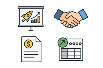 Business growth and financial success icons: handshake, rocket, document, progress chart