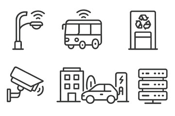 Smart city technology icons: street light, bus, recycling bin, camera, EV charging, server racks