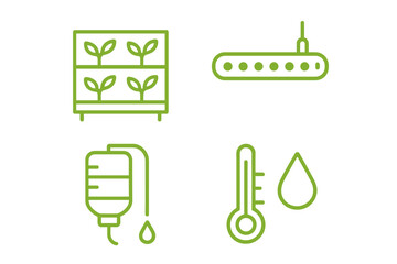 Smart agriculture and hydroponics equipment icons for vertical farming and environmental monitoring