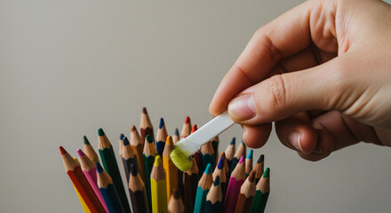 Obraz premium Artist sharpens coloring pencil with sharpener, ready to create colorful art and design projects now