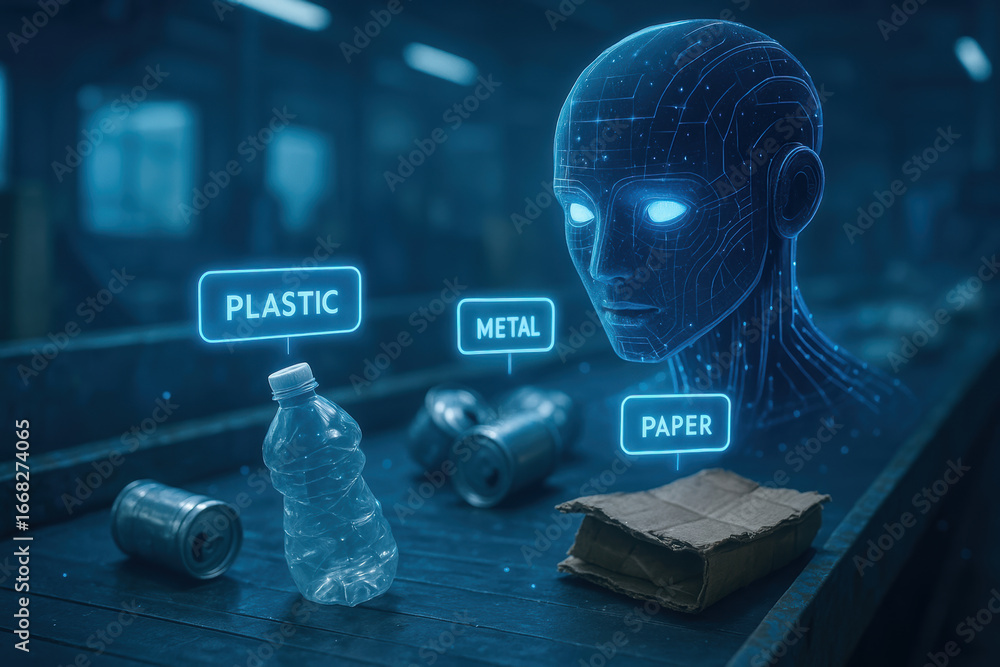 Poster artificial intelligence for social impact sorting plastic metal and paper waste with futuristic tech