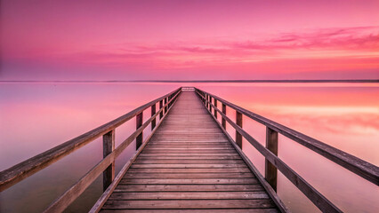 Fototapeta premium Wooden Boardwalk Leading into a Vibrant Pink and Purple Sunset Sky Over Water pier pink sky