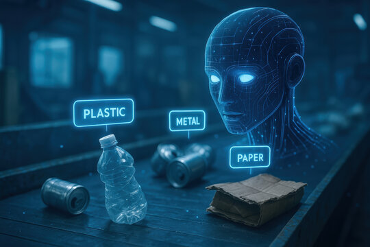 Artificial intelligence for social impact sorting plastic metal and paper waste with futuristic technology and glowing robot head - Powered by Adobe