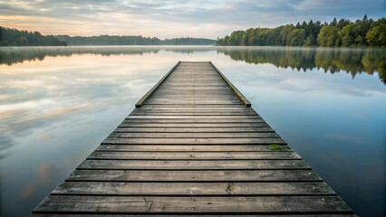 Fototapeta premium Wooden Pier Extending into a Calm Lake at Sunrise with Morning Mist water