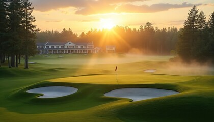 Sunrise illuminates misty golf course. Green fairways, sand bunkers, flag on putting green visible. Large clubhouse sits in background, surrounded by trees. Peaceful morning light enhances serene