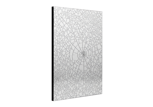 Modern rectangular mirror, intricate hairline cracks causing subtle abstract distortion, polished sheen. Studio, 3/4 view, transparent backdrop, diffused light, concept of pristine fragility and