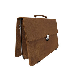 3D rendered brown leather briefcase with metal clasp and handle, isolated on transparent background.