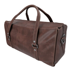 3D rendered brown leather duffel bag with buckle strap and dual handles, isolated on transparent background.