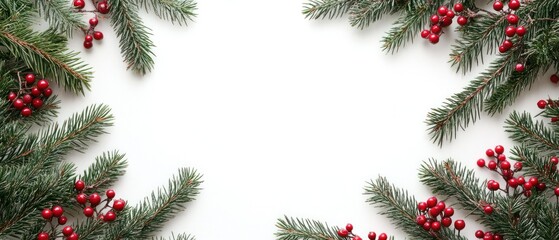 Green Pine Branches with Red Berries on White Background