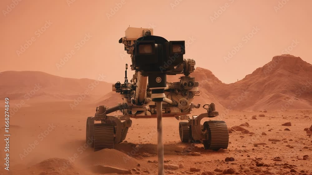 Poster advanced robotic rover drilling dusty martian surface with rocky mountains in background. sophistica
