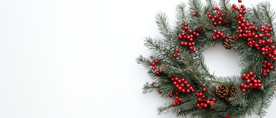 Christmas Wreath Decorated with Pine Branches, Red Berries, and Pine Cones