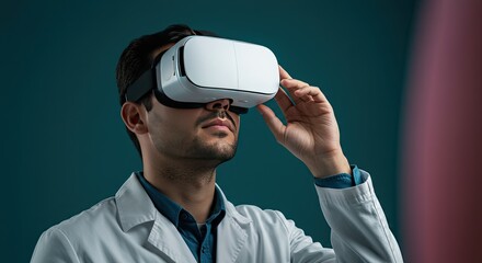 Young man wearing a white virtual reality headset and lab coat exploring digital world