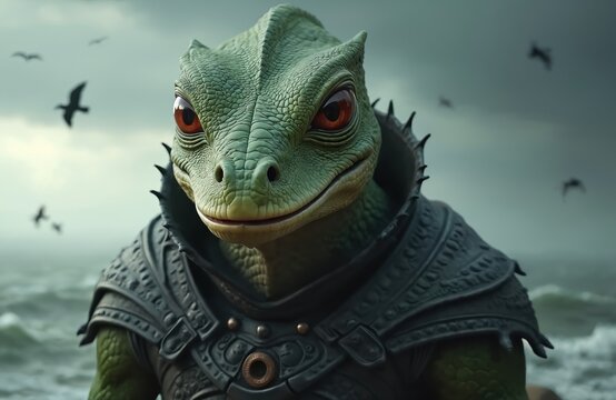 Fantasy humanoid lizard creature in armor stands on rocky shore with birds flying in stormy sky. Mystical, with scaly green skin, bright red eyes, evokes sense of ancient power, adventure. Detailed