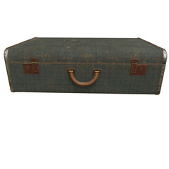 3D rendered vintage suitcase with leather details and blue stripes, isolated on transparent background.