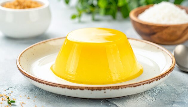 Delicious quindim coconut flan dessert served on a plate with brown sugar and coconut flakes