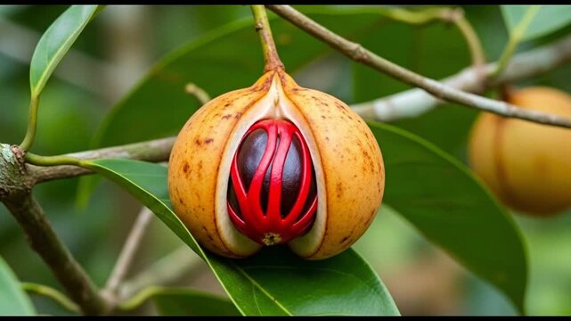 Ripe Nutmeg Fruit with Red Mace on Tree Branch in Tropical Plantation.