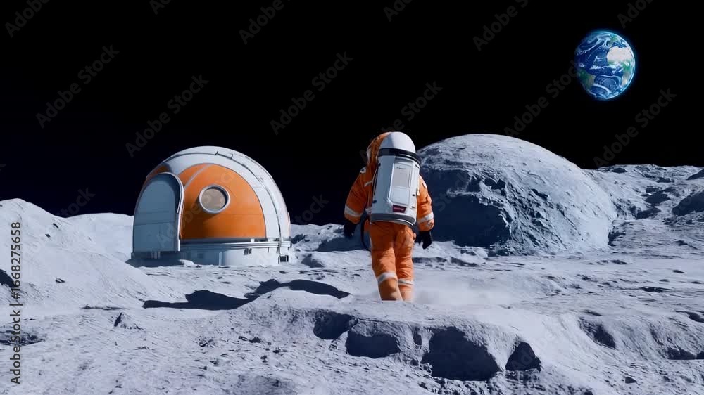 Poster astronaut in orange spacesuit walking on lunar surface near white and orange research module. earth 