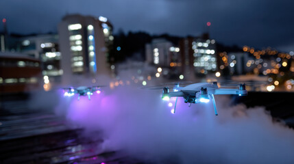 Obraz premium Drones are illuminated with colorful lights amidst smoky fog, creating a captivating scene that symbolizes modern technology, urban exploration, and the thrilling adventure of night sky photography.