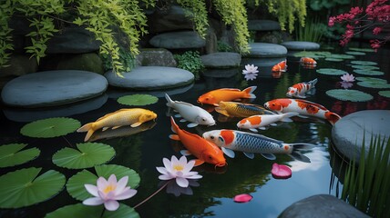 Colorful koi fish swimming in a tranquil pond with lily pads