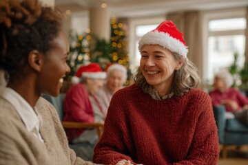 Two women wearing red Santa hats share a joyful moment at a nursing home. Festive decorations and other residents create a warm and cheerful atmosphere during the holiday season