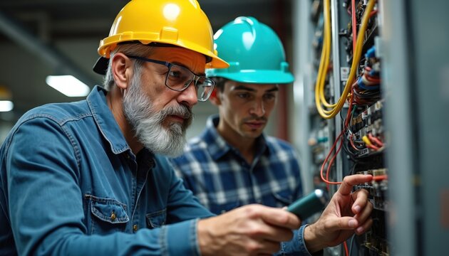 Experienced electrician guides young apprentice on safety in workshop. Men in hard hats focus on electrical panel with wires. Shows skilled trades training, teamwork, professional guidance. Focus on