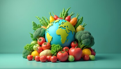 World Food Day cartoon celebrates healthy eating and food saving, featuring planet Earth surrounded by fresh fruits and vegetables. Promotes global nutrition awareness, vibrant vegetarian bounty.